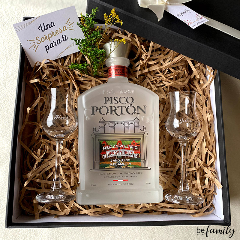 PISCO PORTON CAJA ROJA/NARANJA CON 2 COPAS